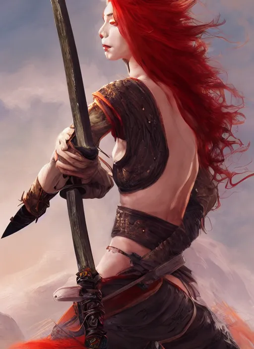 Prompt: Redhead female fighter with long katana, fantasy, medieval, vivid colors, fantasy, elegant, concept art, sharp focus, beautiful face!!, digital art, Hyper-realistic, 4K, Unreal Engine, Highly Detailed, HD, Dramatic Lighting by Brom, trending on Artstation