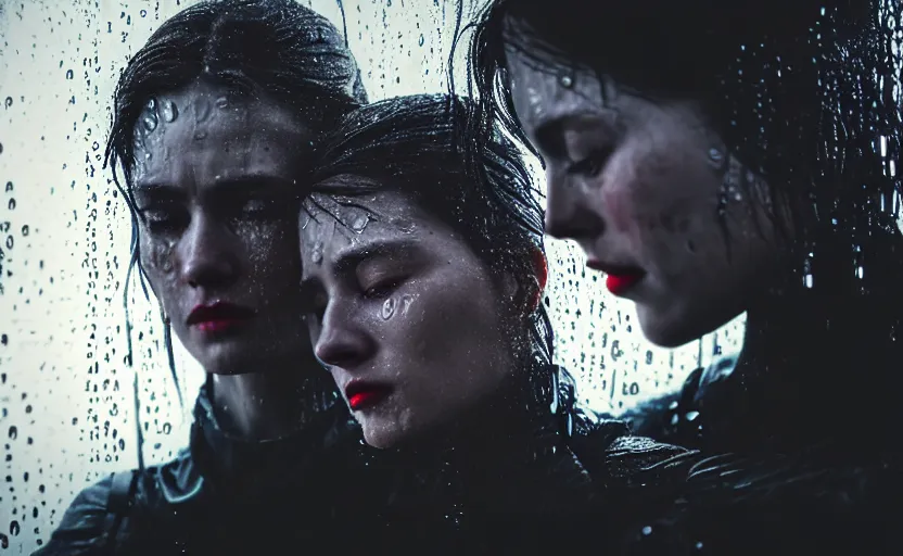 Prompt: cinestill 5 0 d candid photographic portrait by christopher nolan of two loving female androids sobbing wearing rugged black mesh techwear in treacherous waters, flooded city, medium closeup, modern cyberpunk moody emotional cinematic, pouring iridescent rain bright spotlight, 8 k, hd, high resolution, 3 5 mm, f / 3 2, ultra realistic faces, ex machina