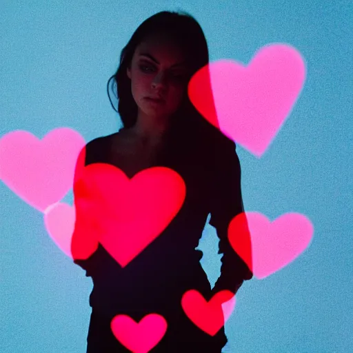 Image similar to Mila Kunis silhouette posing in front of a camera with cute pink hearts floating in the air, Canon EOS R3, f/1.4, ISO 200, 1/160s, 8K, RAW, unedited, symmetrical balance, in-frame