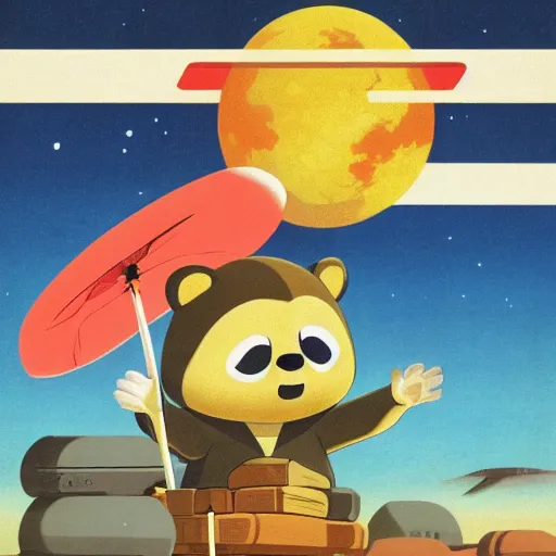 Image similar to tom nook in a japanese propaganda poster about the economic and physical state of new horizons.