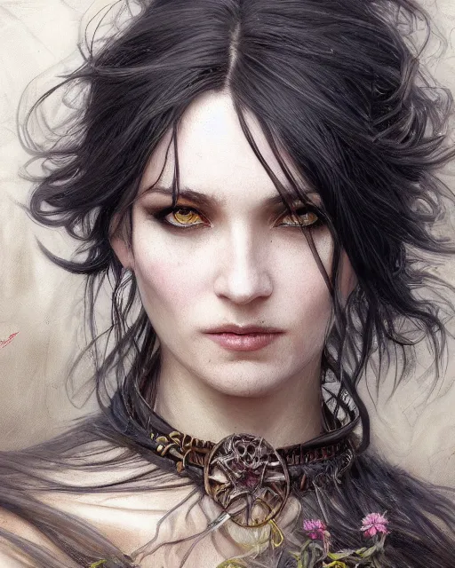 Prompt: close up portrait of a crow and a female witch, soft hair, half body, leather, d & d, fantasy, intricate, elegant, highly detailed, digital painting, artstation, concept art, smooth, sharp focus, illustration, art by artgerm and greg rutkowski and alphonse mucha