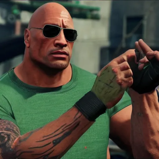 Image similar to dwayne the rock johnson with red eyes small green hair in gta 5 style ultra 4k resoulution