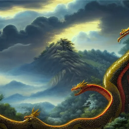 Image similar to a landscape painting of a golden serpent dragon flying over an ancient chinese forest, chinese dragon, intimidating clouds, ultrawide angle, depth of field, in a baroque style, 4 k, artstation