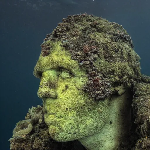 Prompt: Award-winning photograph by Mar Mann. The photo depicts a decaying roman bust of Tim Maia overgrown with moss at the bottom of the sea in the middle of ruins of civilization. Minimalism, high definition, perfect composition. Deep sea picture. Very dark. Volumetric Lighting. Fish. Darkness. Ruins