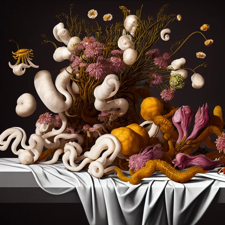 Prompt: still life of flowers on a table, alien squid, white octopus, , surreal alien ribbed fruit, human spine, baroque painting, beautiful detailed intricate insanely detailed octane render trending on Artstation, 8K artistic photography, photorealistic, chiaroscuro, Raphael, Caravaggio, infrared photo