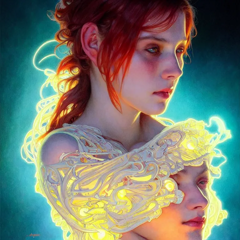 Prompt: bright asthetic portrait LSD glowing backlit, fantasy, intricate, elegant, dramatic lighting, highly detailed, lifelike, photorealistic, digital painting, artstation, illustration, concept art, smooth, sharp focus, art by John Collier and Albert Aublet and Krenz Cushart and Artem Demura and Alphonse Mucha