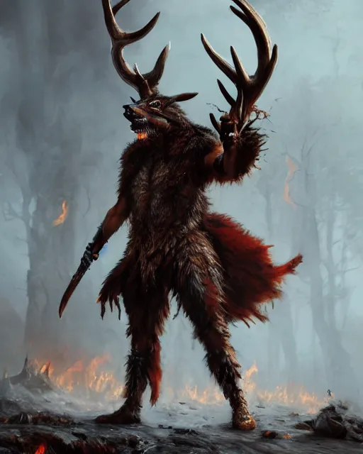 Image similar to oil painting of Angry Anthropomorphized Deer Berserker, wearing fur armor, claws, sharp focus, attack pose, fantasy style, octane render, volumetric lighting, 8k high definition, by greg rutkowski, highly detailed, trending on art Station, magic the gathering artwork, burning Battlefield background, centered