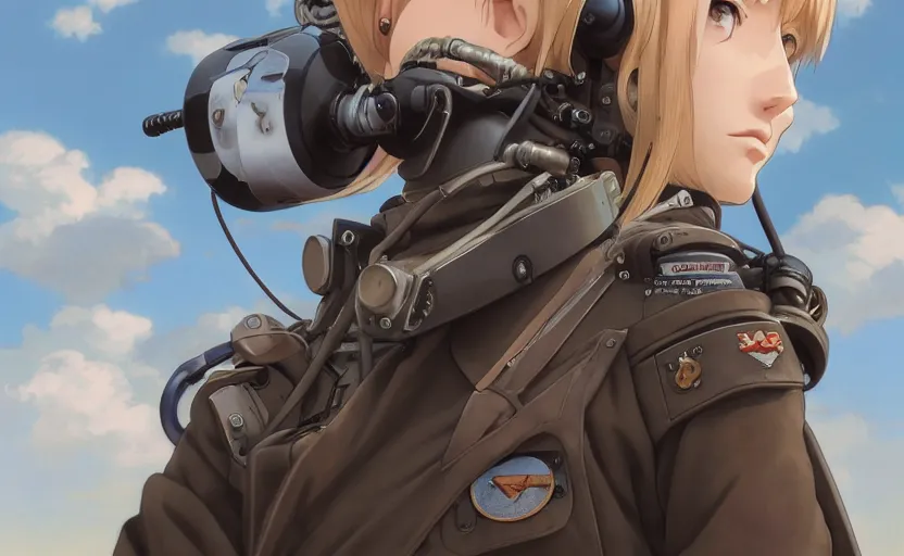 prompthunt: pilot girl, cyborg aircraft parts, anime style, military pilot  clothing, shoulder eyes, last exile anime, hair down, symmetrical facial  features, from arknights, hyper realistic, 4 k, rule of thirds, extreme  detail,