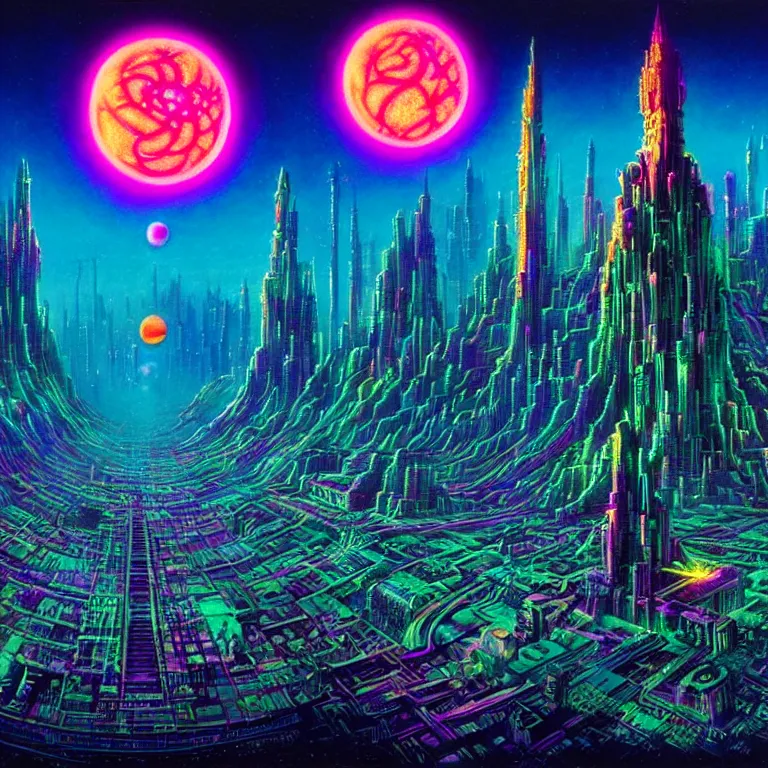 Image similar to mysterious astral city at night, glowing orbs, infinite sky, synthwave, bright neon colors, highly detailed, cinematic, tim white, philippe druillet, roger dean, ernst haeckel, lisa frank, michael whelan, kubrick, kimura, isono