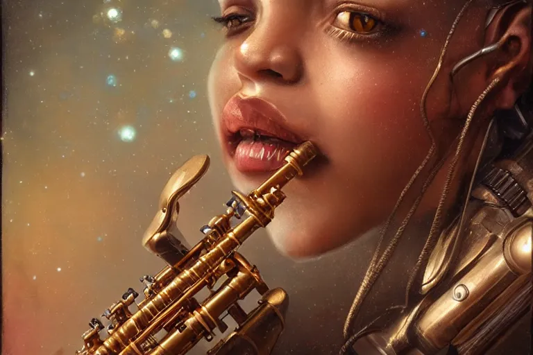 Prompt: a beautiful ultradetailed vintage photo of cyborg playing an oboe, by tom bagshaw and anna dittman, portrait, vignette, 3 5 mm lens, golden ratio composition, detailed face, studio photography, very detailed, humanoid, industrial robot, artstation, 8 k, highly coherent