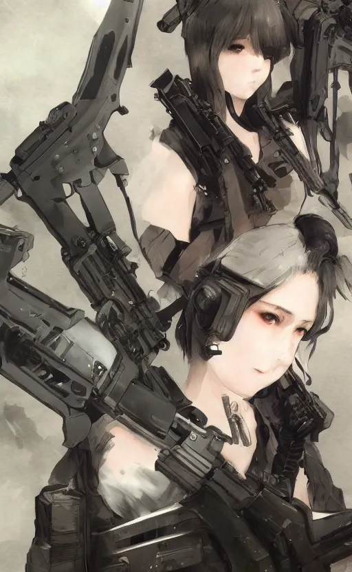 Image similar to highly detailed, high resolution, character design art, stunning, volumetric lightning, realistic guns, girls frontline style, matte, sharp focus, intricate, 150mm, illustration, artstation, by sui ishida, realistic human anatomy, simple design, realistic military gear, metal gear style