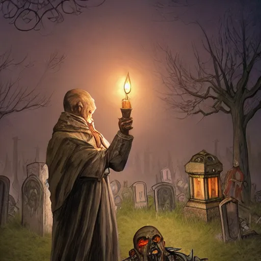 Prompt: cleric holding a lantern in a cemetery surrounded by zombies, ravenloft style, intricate, fantasy, rpg, d&d, drawn by Clyde Caldwell