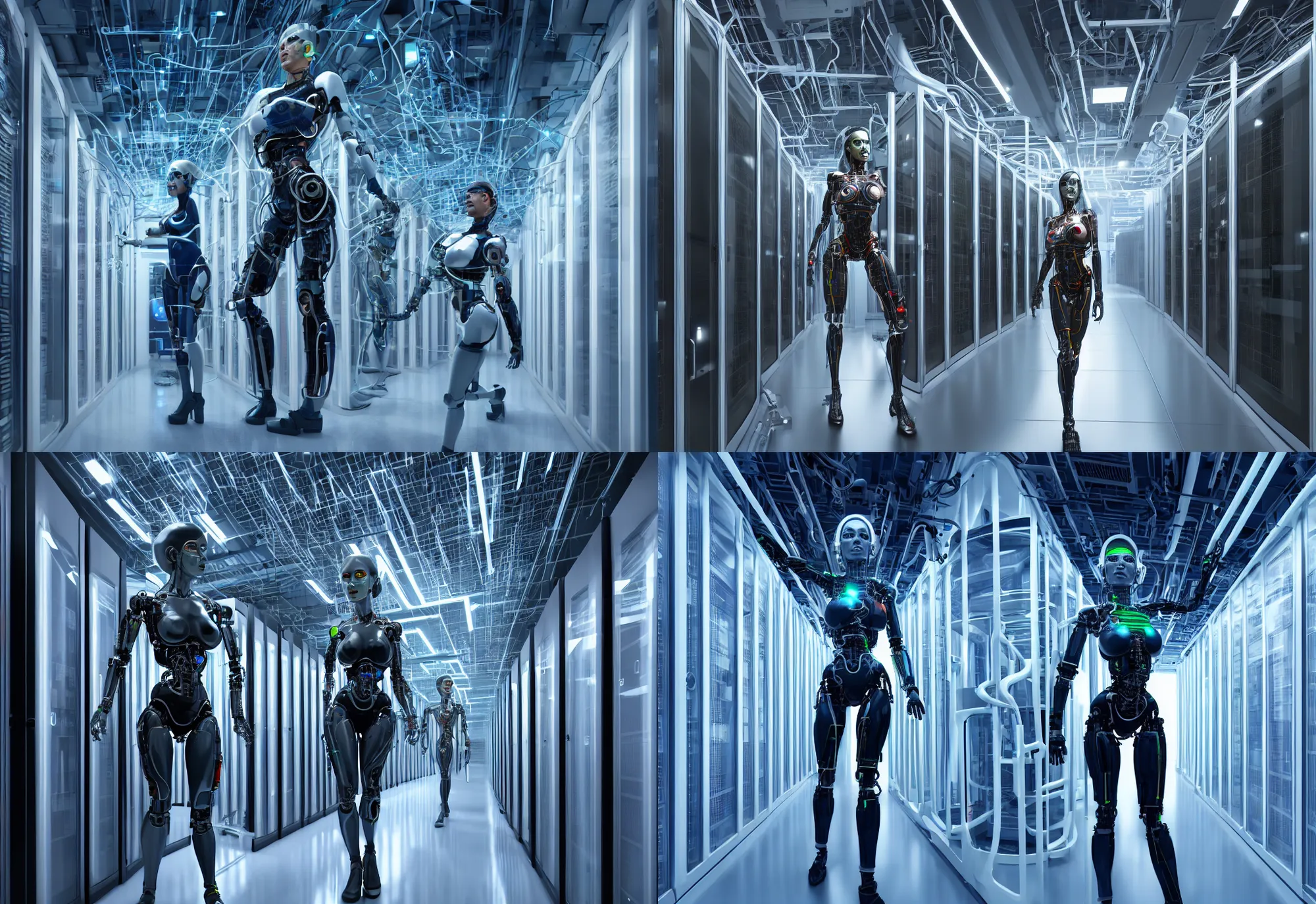 Prompt: female cyborg in data center, in detailed data center, in realistic data center, whole body, whole figure, character design, proportional human body, cinematic realistic, hyper realistic, extreamly detailed octane render 8 k barclay shaw