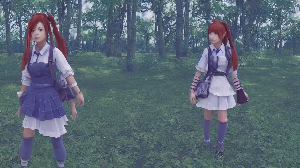 Image similar to cute schoolgirl with proprtional face walk in the forest, in style of katsuya terada, unreal engine 5,