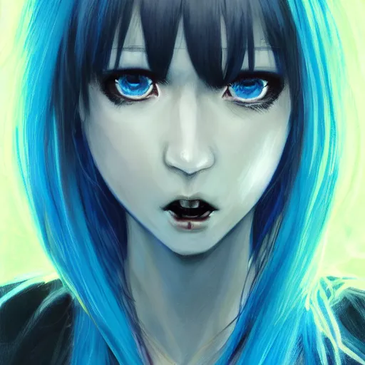 Image similar to full face shot of rimuru tempest, sky blue straight hair, long bangs, with amber eyes, wearing a black jacket, high collar, ultra detailed, brush strokes, skin texture, digital painting, cinematic, wlop artstation, closeup, pixiv, eerie, scary, intimidating glare, evil, junji ito, yoshitaka amano