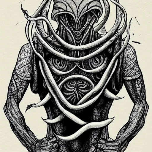 Image similar to black ink on paper, illithid in a straitjacket, trending on artstation, beautiful, intricate, detailed