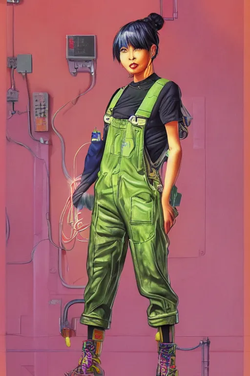 Prompt: a full body illustration of an Asian female cyberpunk character wearing dungarees, highly detailed, oil on canvas, soft lighting, neon pastel colors, by Glenn Fabry, HD, 4K