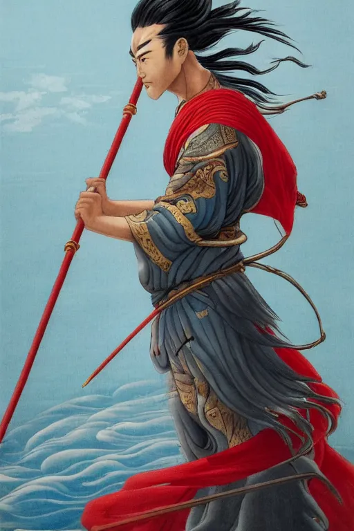 Prompt: a masterpiece portrait of legendry nezha flies riding on the wind fire wheels across the sea, water everywhere, chinese mythology, side view, red cloth around his shoulders, hold spear, cinematic, fantasy character portrait, highly detailed, by ne zha ( 2 0 1 9 ), fenghua zhong