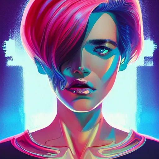 Image similar to synthwave symmetrical void woman with cute - fine - face, pretty face, multicolored hair, realistic shaded perfect face, extremely fine details, by realistic shaded lighting, dynamic background, poster by ilya kuvshinov katsuhiro otomo, magali villeneuve, artgerm, jeremy lipkin and michael garmash and rob rey, riot games