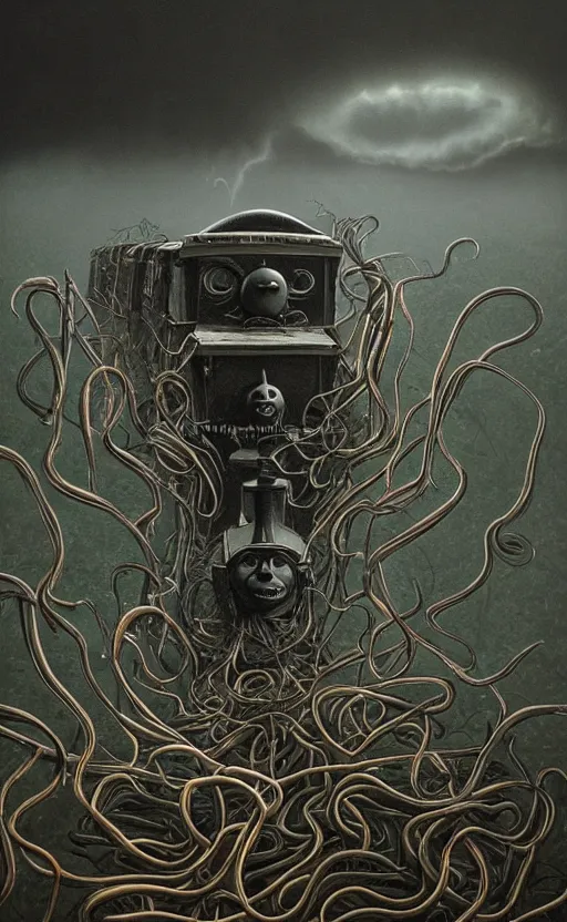 Image similar to thomas the tank engine in style of zdzisław beksinski, extremely dramatic lighting, 8 k, tendrils, black, darkness, black slime tendrils, infected, rust, body horror, thomas the train, thomas the tank engine face, horror,