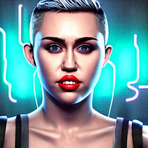 Image similar to miley cyrus portrait, Cyberpunk 2077, photorealistic, ultra detailed, cybernetic head, neon, octane, bokeh, cyber, cyber style, feature, scars, cyberface, 8k