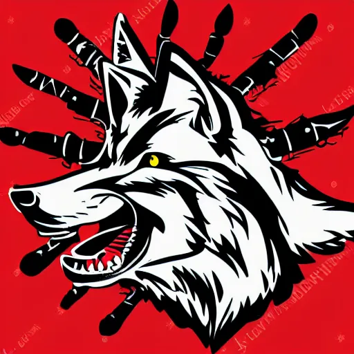 Image similar to vector illustration logo of a wolf with a mohawk gang tag graffiti, red and black, punk, spray smudge, masterpiece, banksy