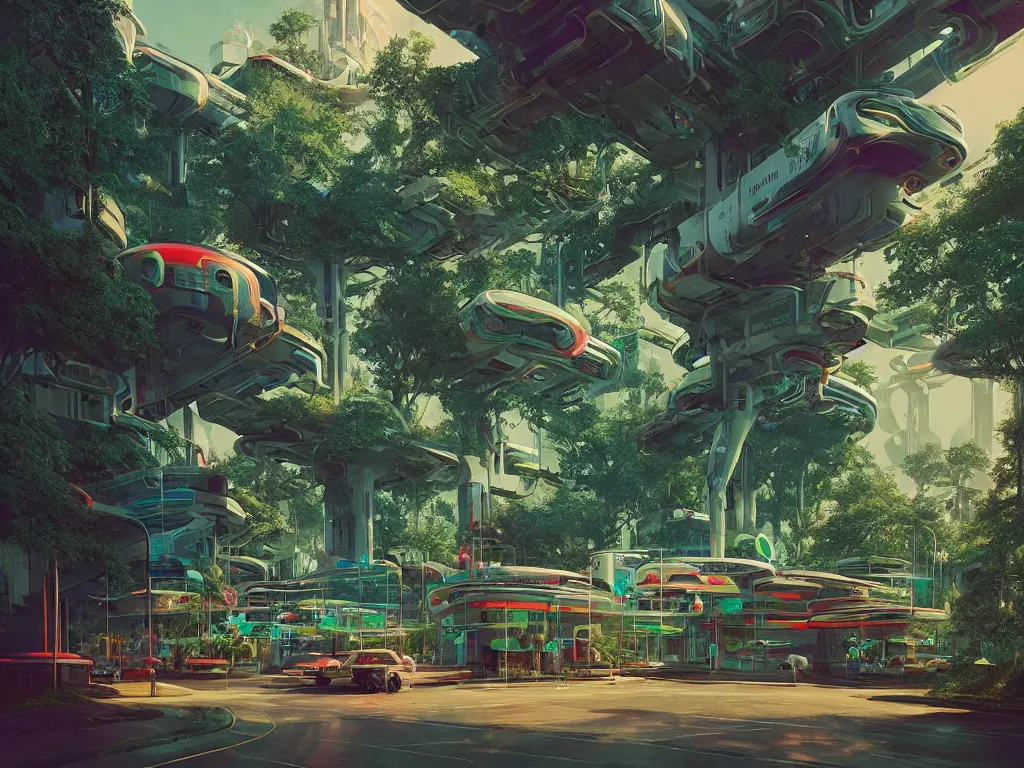 Image similar to 80s futuristic outdoor retro arcade, desolate, lush vegetation:: Simon Stålenhag and beeple and James Gilleard and Justin Gerard :: ornate, dynamic, particulate, intricate, elegant, highly detailed, centered, artstation, smooth, sharp focus, octane render, 3d