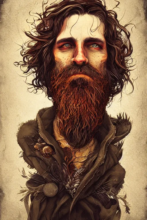 Prompt: full-body portrait of a majestic hobo, brown and gold, rags, beard, fisheye lens, by Anato Finnstark, Tom Bagshaw, Brom