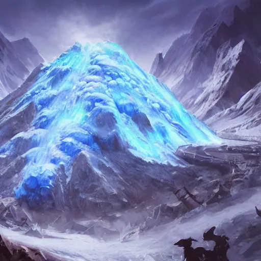 Image similar to blue glacier volcano eruption, blue glacier volcano eruption, blue liquid and snow, snow army war, war armies under the mountain, ice cold blue theme, bright masterpiece artstation. 8 k, sharp high quality artwork in style of jose daniel cabrera pena and greg rutkowski, concept art by tooth wu, blizzard warcraft artwork, hearthstone card game artwork