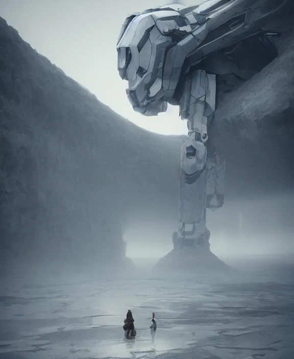 Prompt: surreal romantic stranded valley prometheus horizontal white mecha building architecture by ruan jia, futuristic blame, white architecture in the beach in iceland, foggy, highly detailed, digital painting, arstation, concept art, hyperealistic octane render, unreal engine