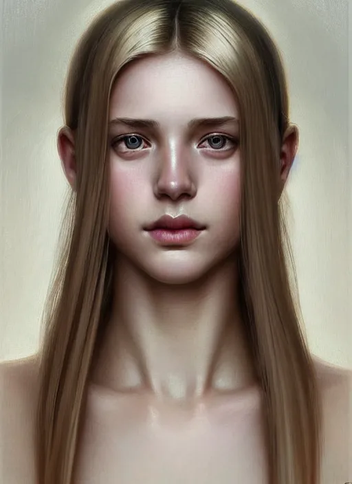 Image similar to beautiful symmetrical face, portrait of young woman blessed with ever - increasing physical and mental perfection, realism, blonde hair, perfect face!! intricate, elegant, highly detailed, vision of holy perfection!! smile, digital painting, artstation, concept art, smooth, sharp focus, illustration, humanity, art by artgerm and greg rutkowski and alphonse mucha