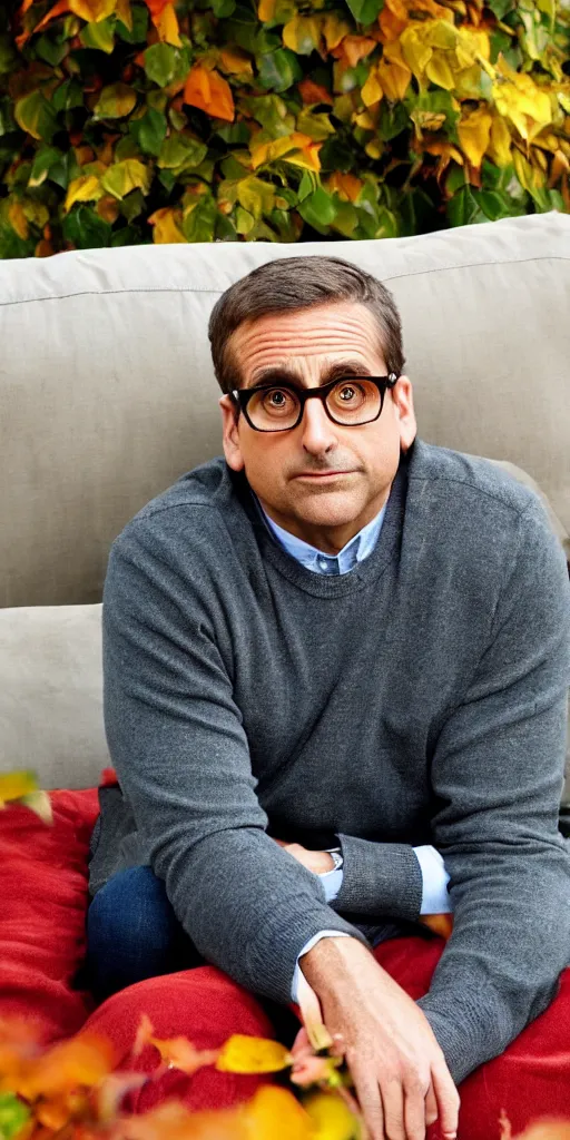 Prompt: Steve Carell is sitting relaxed on a sofa placed under colorful autumn tree