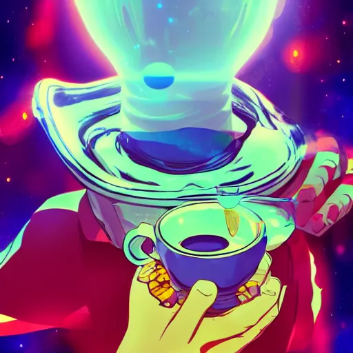 Image similar to A man drinking a cup of cosmic energy bright light by Masafumi Harada, 4k, digital art, surreal, anime style, space dandy style, highly detailed, godsend, artstation