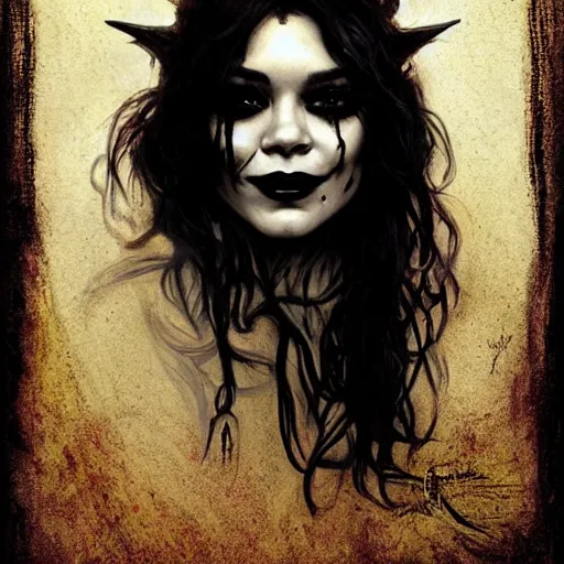 Image similar to beautiful portrait of vanessa hudgens as death from sandman, smiling, by cedric peyravernay, alphonse mucha, by jeremy mann, by lecouffe deharme, goth chic, soft lightning, eyeliner, punk rock, high detailed, 8 k