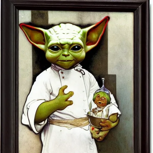 Image similar to baby yoda as a chef wearing a white apron and wearing a white chef's hat, by Jan van Eyck, by alphonse mucha