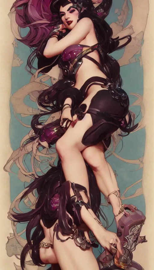 Prompt: jinx from league of legends in a pinup pose by artgerm, greg rutkowski and alphonse mucha, concept art, matte, intricate, full body, epic composition