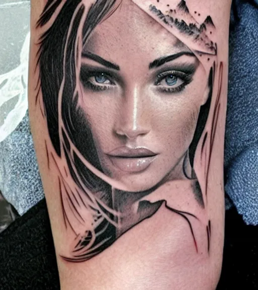 Image similar to double exposure effect tattoo design sketch of megan fox with beautiful mountain scenery, realism tattoo, in the style of matteo pasqualin, amazing detail, sharp