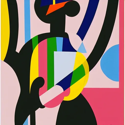 Image similar to portrait of a person playing trumpet, abstract painting in the style of Sophie Taeuber-Arp and Gary Hume and Tatsuro Kiuchi, flat colour-block style, geometric abstraction, dark colours