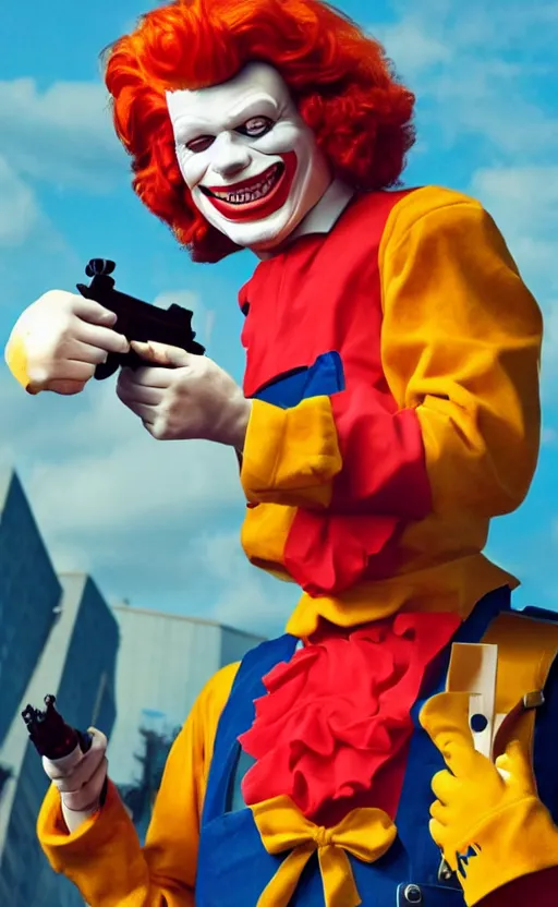 Image similar to a incredible photo of ronald mcdonald robbing a bank with a gun. award winning. very high quality. hq. hd.