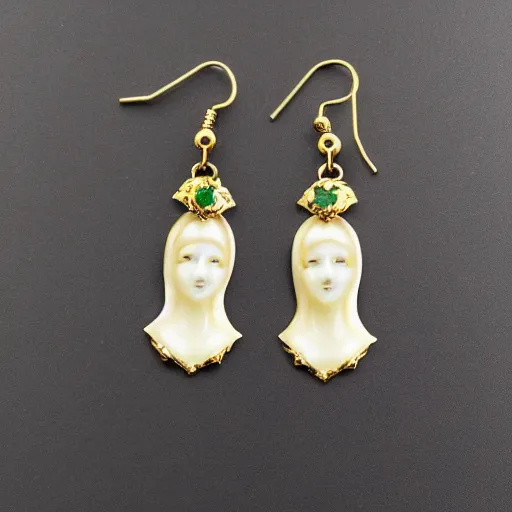 Image similar to creepy artnouveau style earrings made of gold ivory emerald