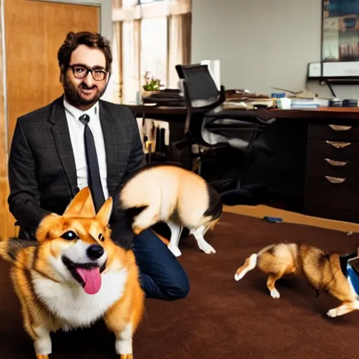 Image similar to slim Eric Wareheim with a corgi in an office, hyperrealistic, RPG portrait, ambient light, dynamic lighting, golden hour