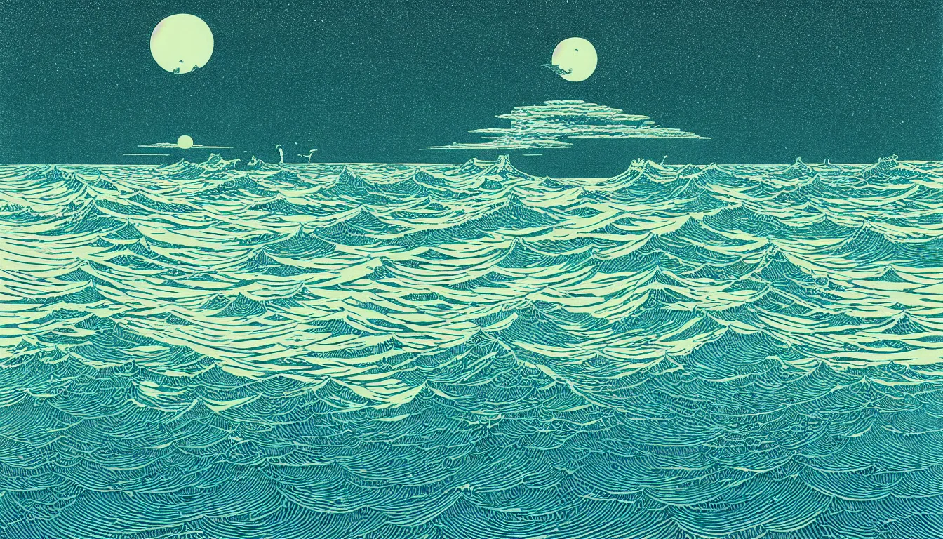 Image similar to ocean horizon by woodblock print, nicolas delort, moebius, victo ngai, josan gonzalez, kilian eng