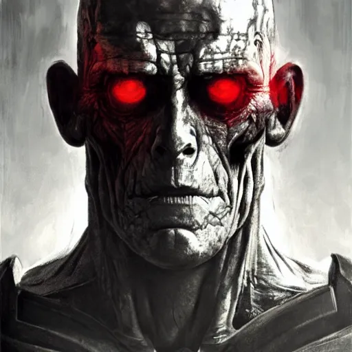 Image similar to michael berryman as victor stone, full body concept, cyborg, borg, strogg, face of a man, terminator, flesh, quake strogg, doom demon, wolfenstein, monstrous, powerful, symmetry, symmetrical, concept art by ruan jia and greg rutkowski