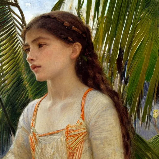 Prompt: a ultradetailed beautiful painting of a girl in the amazonas palace balustrade designed by jules bastien - lepage, hans belmer, frank weston and gustave baumann, beach, trending on artstation, mediterranean, palm trees, detailed face, sharp focus, soft light, 8 k 4 k