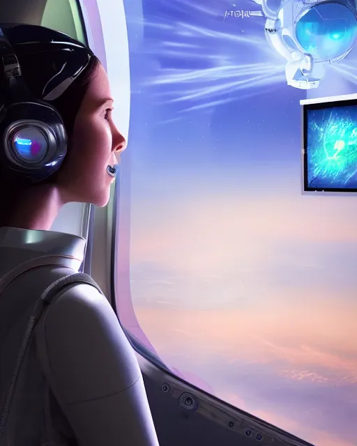 Prompt: A female Android extraterrestrial pilot in the control seat while flying the spacecraft. A viewing window in Background with a three-dimensional computer hologram showing as a reflection, insanely detailed, digital art