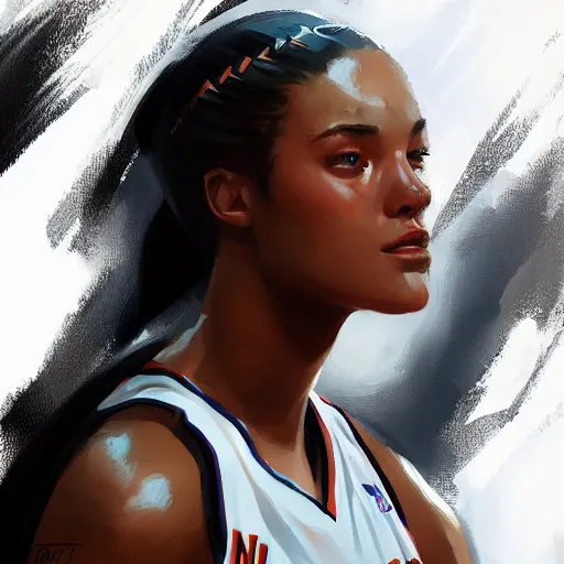 Image similar to painting of an woman basketball player, greg rutkowski, cg worker artstation