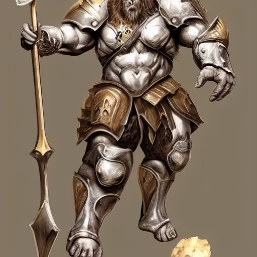 Image similar to Giant minotaur beast warrior with two handed axe, heavy white and golden armor, impressive horns, long mane, full body, muscular, dungeons and dragons, hyperrealism, high details, digital painting