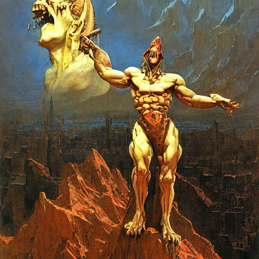 Prompt: portrait of immense, majestic, surreal, terrifying drak fantasy goblin standing triumphant over the city, perfectly clear face, by j. c. leyendecker, bosch, and beksinski