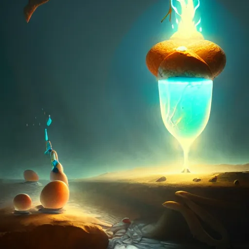 Image similar to magic frozen ice phoenix egg, deadly potion flowing from the top, rock and sand around, peter mohrbacher style, ray tracing, cinematic, digital art, realistic, octane render