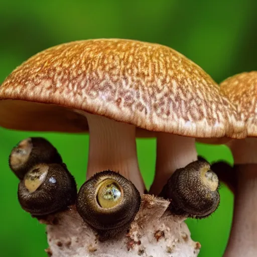 Image similar to a mushroom with clusters of eyes growing from it